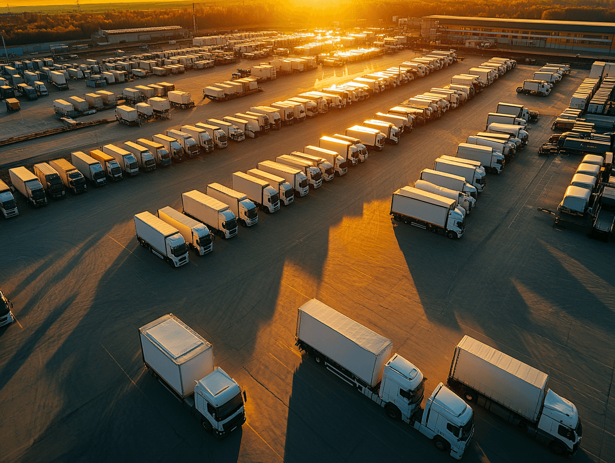 Aerial view of a large logistics depot at sunset, with dozens of white box trucks and tractor-trailers parked in neat rows, long shadows stretching across the lot toward warehouse buildings in the background.
